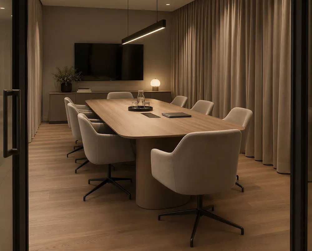 Sala riunioni con tende acustiche da pavimento a soffitto