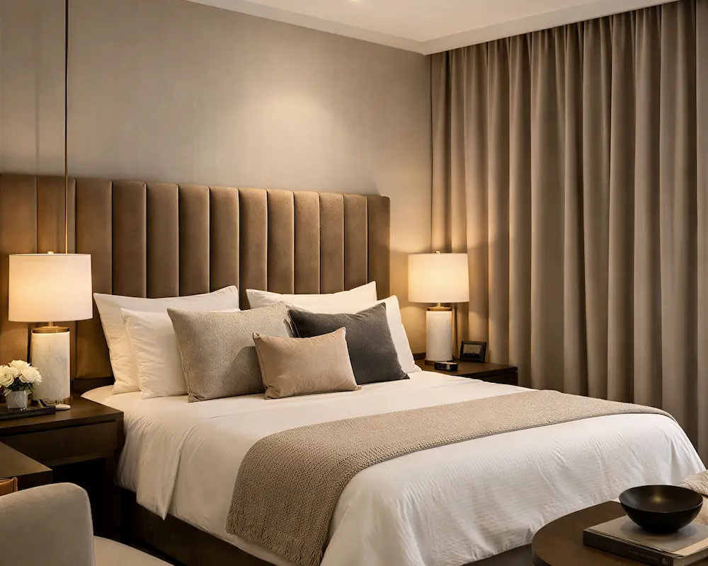 Camera d’hotel con tende acustiche beige