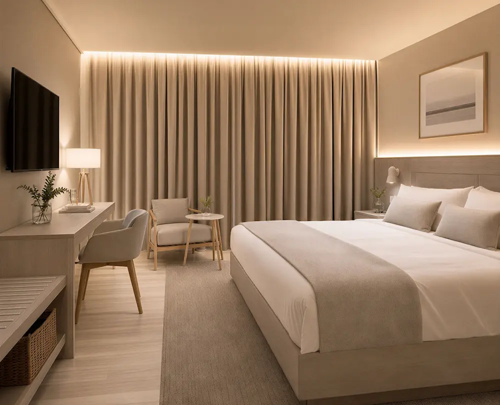 Hotelzimmer mit beigen Blackout-Vorhängen von Wand zu Wand