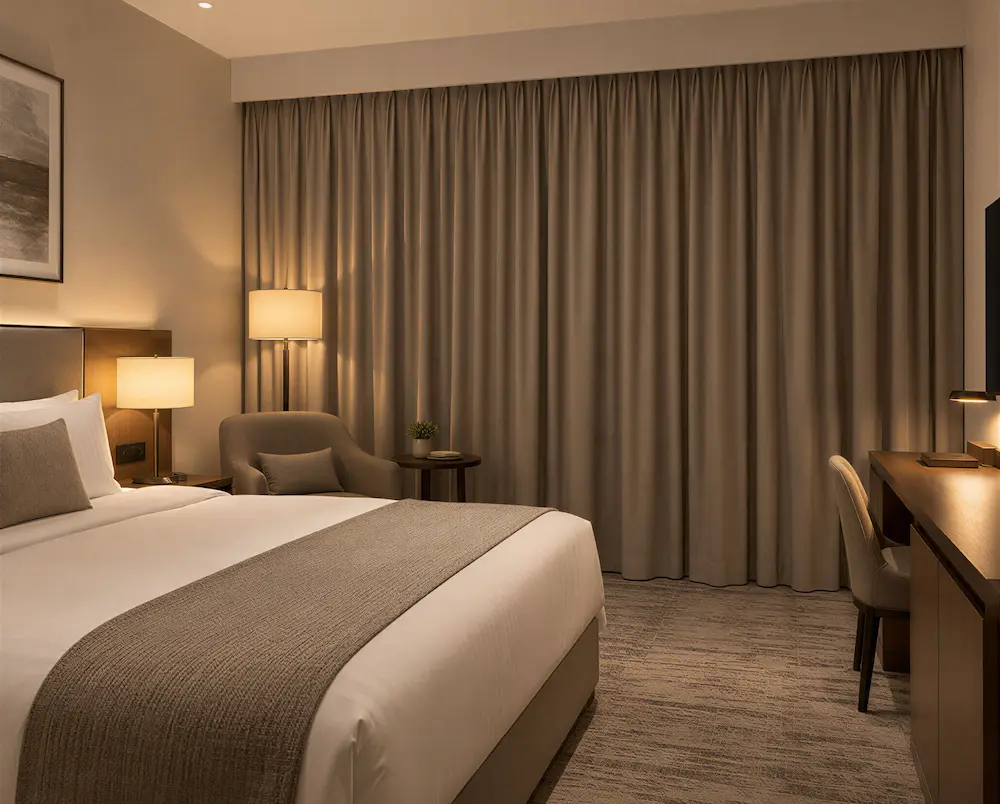 Hotelzimmer mit Blackout-Vorhängen vom Boden bis zur Decke