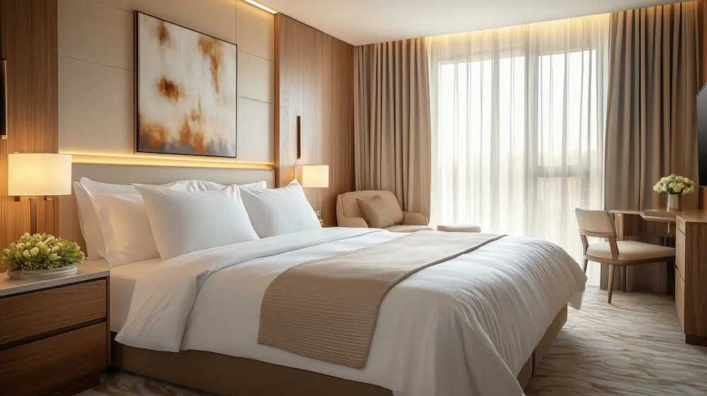 Hotelzimmer mit Store und Dimout-Vorhängen, die das Tageslicht filtern