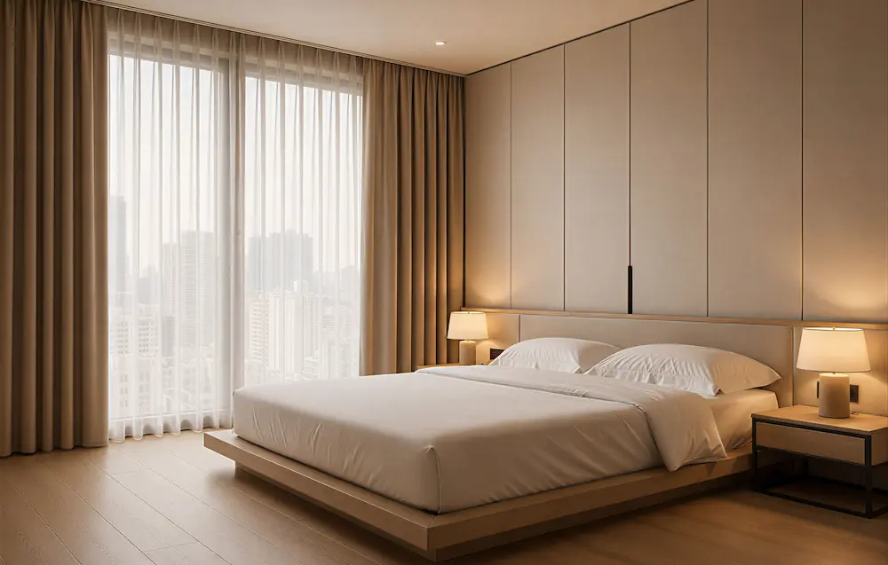 Schlafzimmer mit Store und Dimout-Vorhängen vor einem großen Fenster