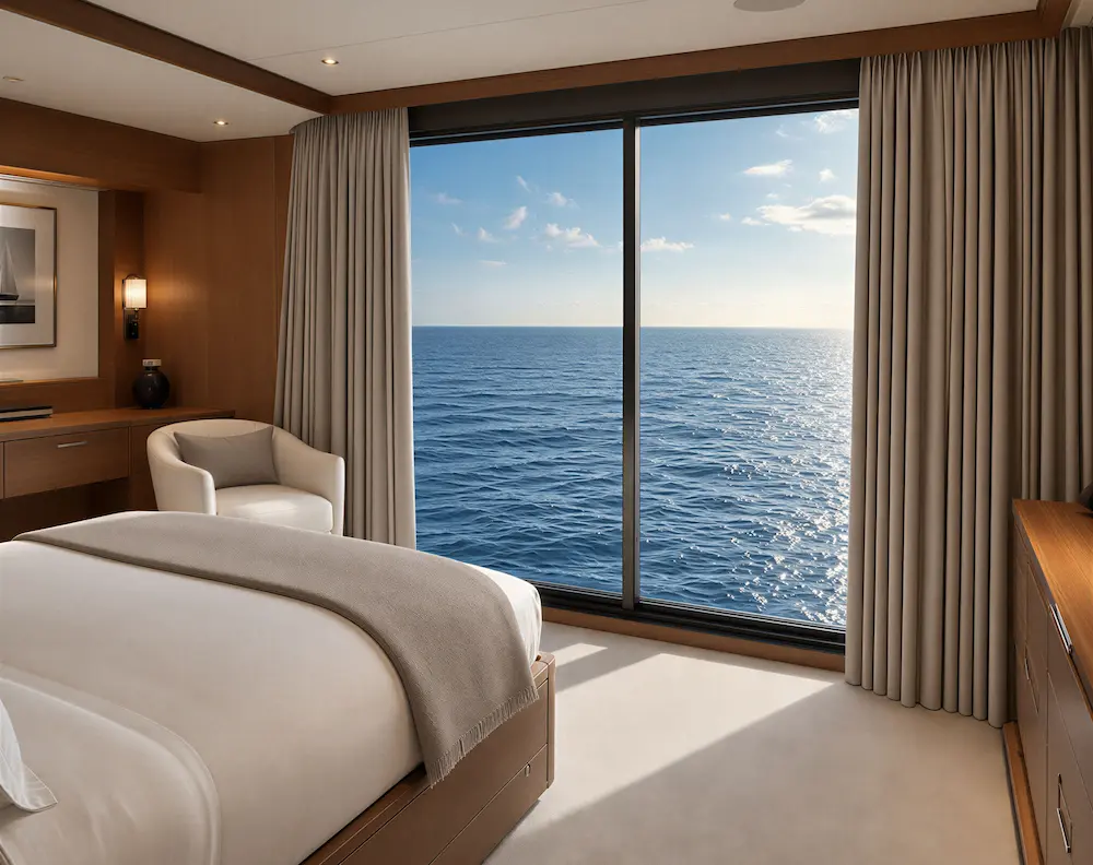 Camarote con cortinas beige y vistas al mar